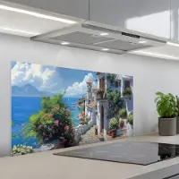 KitchenYeah Spatscherm 100x50 cm - Zelfklevende achterwand Huizen - Zee - Bomen - Bloemen - Keuken muurbeschermer - Spatwand fornuis