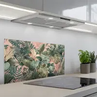 KitchenYeah Spatscherm 80x40 cm - Zelfklevende achterwand Compositie van bladeren - Groen - Roze - Keuken muurbeschermer - Spatwand fornuis