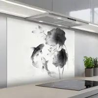 KitchenYeah Spatscherm 100x75 cm - Zelfklevende achterwand Lotusbloemen - Vissen - Bladeren - Zwart - Keuken muurbeschermer - Spatwand fornuis