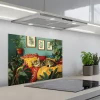 KitchenYeah Spatscherm 70x50 cm - Zelfklevende achterwand Kat - Planten - Groen - Keuken muurbeschermer - Spatwand fornuis