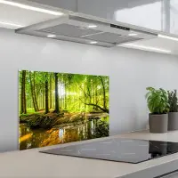 KitchenYeah Spatscherm 60x40 cm - Zelfklevende achterwand Bos - Landschap - Water - Bomen - Zon - Groen - Natuur - Keuken muurbeschermer - Spatwand fornuis