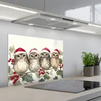 KitchenYeah Spatscherm 70x50 cm - Zelfklevende achterwand Uilen - Tak - Hulstblaadjes - Kerstmuts - Keuken muurbeschermer - Spatwand fornuis