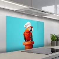 KitchenYeah Spatscherm 100x65 cm - Zelfklevende achterwand Ara - Koksmuts - Sokkel - Grappig - Keuken muurbeschermer - Spatwand fornuis