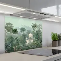 KitchenYeah Spatscherm 90x70 cm - Zelfklevende achterwand Tropische tuin - Koepelgebouw - Bloemen - Keuken muurbeschermer - Spatwand fornuis