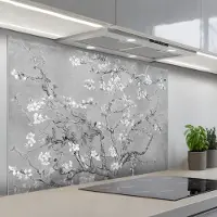 KitchenYeah Spatscherm 120x80 cm - Zelfklevende achterwand Amandelbloesem - Kunst - Van Gogh - Grijs - Keuken muurbeschermer - Spatwand fornuis