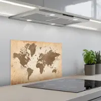 KitchenYeah Spatscherm 60x40 cm - Zelfklevende achterwand Wereldkaart - Beige - Bruin - Keuken muurbeschermer - Spatwand fornuis