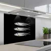 KitchenYeah Spatscherm 80x60 cm - Zelfklevende achterwand Haring - Vissen - Zwart - Keuken muurbeschermer - Spatwand fornuis
