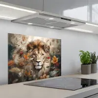 KitchenYeah Spatscherm 70x55 cm - Zelfklevende achterwand Leeuw - Wilde dieren - Planten - Natuur - Bloemen - Keuken muurbeschermer - Spatwand fornuis