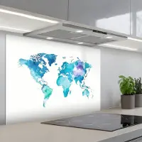 KitchenYeah Spatscherm 90x60 cm - Zelfklevende achterwand Wereldkaart - Verf - Blauw - Paars - Keuken muurbeschermer - Spatwand fornuis
