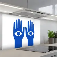 KitchenYeah Spatscherm 90x60 cm - Zelfklevende achterwand Handen - Twee - Ogen - Blauw - Keuken muurbeschermer - Spatwand fornuis