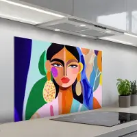 KitchenYeah Spatscherm 100x65 cm - Zelfklevende achterwand Portret - Vrouw - Modern - Keuken muurbeschermer - Spatwand fornuis