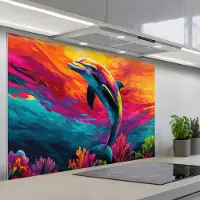 KitchenYeah Spatscherm 120x80 cm - Zelfklevende achterwand Dolfijn - Kleurrijk - Oceaan - Koraal - Keuken muurbeschermer - Spatwand fornuis