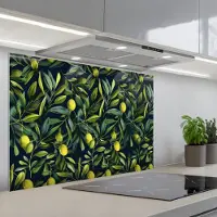 KitchenYeah Spatscherm 80x55 cm - Zelfklevende achterwand Citroenen - Bladeren - Natuurlijk - Keuken muurbeschermer - Spatwand fornuis