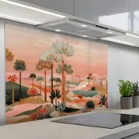 KitchenYeah Spatscherm 120x80 cm - Zelfklevende achterwand Roze landschap - Palmen - Water - Keuken muurbeschermer - Spatwand fornuis