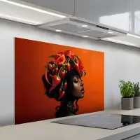 KitchenYeah Spatscherm 100x65 cm - Zelfklevende achterwand Vrouw - Chilipepers - Pepers - Bloemen - Keuken muurbeschermer - Spatwand fornuis