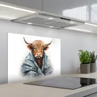 KitchenYeah Spatscherm 70x55 cm - Zelfklevende achterwand Schotse hooglander - Deken - Wit - Keuken muurbeschermer - Spatwand fornuis
