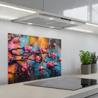 KitchenYeah Spatscherm 70x50 cm - Zelfklevende achterwand Bloemen - Tak - Abstract - Roze - Keuken muurbeschermer - Spatwand fornuis