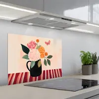 KitchenYeah Spatscherm 70x50 cm - Zelfklevende achterwand Vaas - Bloemen - Vlinder - Rood - Keuken muurbeschermer - Spatwand fornuis