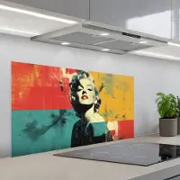 KitchenYeah Spatscherm 100x50 cm - Zelfklevende achterwand Vrouw - Rode lippen - Abstracte kleurvlakken - Popartuistraling - Keuken muurbeschermer - Spatwand fornuis