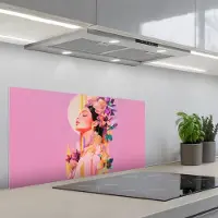 KitchenYeah Spatscherm 90x45 cm - Zelfklevende achterwand Vrouw - Bloemen - Paars - Abstract - Keuken muurbeschermer - Spatwand fornuis
