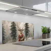 KitchenYeah Spatscherm 90x45 cm - Zelfklevende achterwand Winter - Bos - Rendier - Donker - Keuken muurbeschermer - Spatwand fornuis