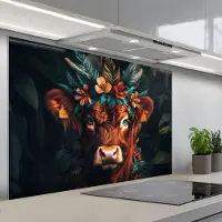 KitchenYeah Spatscherm 120x80 cm - Zelfklevende achterwand Schotse Hooglander - Bloemen - Bladeren - Keuken muurbeschermer - Spatwand fornuis