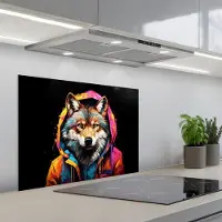 KitchenYeah Spatscherm 70x50 cm - Zelfklevende achterwand Graffiti - Wolf - Jas - Zwart - Keuken muurbeschermer - Spatwand fornuis