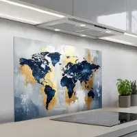 KitchenYeah Spatscherm 100x65 cm - Zelfklevende achterwand Wereldkaart - Blauw - Abstract - Keuken muurbeschermer - Spatwand fornuis