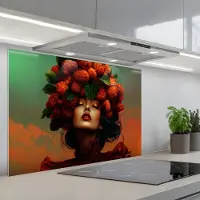 KitchenYeah Spatscherm 90x60 cm - Zelfklevende achterwand Vrouw - Frambozen - Bladeren - Keuken muurbeschermer - Spatwand fornuis