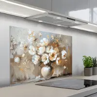 KitchenYeah Spatscherm 100x65 cm - Zelfklevende achterwand Vaas - Bloemen - Kunst - Goud - Keuken muurbeschermer - Spatwand fornuis