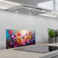 KitchenYeah Spatscherm 60x30 cm - Zelfklevende achterwand Bloemen - Paars - Kleurrijk - Handgeschilderd - Kunst - Keuken muurbeschermer - Spatwand fornuis