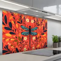 KitchenYeah Spatscherm 120x80 cm - Zelfklevende achterwand Libel - Blauw - Vleugels - Bladeren - Keuken muurbeschermer - Spatwand fornuis