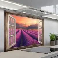 KitchenYeah Spatscherm 100x75 cm - Zelfklevende achterwand Doorkijk - Lavendel - Landschap - Bloemen - Paars - Keuken muurbeschermer - Spatwand fornuis