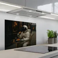 KitchenYeah Spatscherm 70x55 cm - Zelfklevende achterwand Café - Croissant - Koffie - Astronaut - Keuken muurbeschermer - Spatwand fornuis