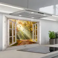 KitchenYeah Spatscherm 90x60 cm - Zelfklevende achterwand Bos - Bomen - Herfst - Zon - Herfstbladeren - Natuur - Doorkijk - Keuken muurbeschermer - Spatwand fornuis