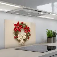 KitchenYeah Spatscherm 70x50 cm - Zelfklevende achterwand Deurkrans - Strik - Kerst - Rood - Groen - Keuken muurbeschermer - Spatwand fornuis