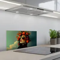 KitchenYeah Spatscherm 70x30 cm - Zelfklevende achterwand Vrouw - Granaatappel - Herfst - Zonnebril - Keuken muurbeschermer - Spatwand fornuis