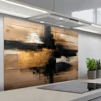 KitchenYeah Spatscherm 120x80 cm - Zelfklevende achterwand Modern - Zwart - Goud - Verf - Keuken muurbeschermer - Spatwand fornuis