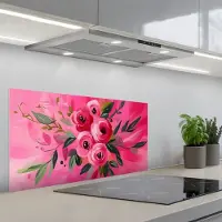 KitchenYeah Spatscherm 80x40 cm - Zelfklevende achterwand Bloemen - Verf - Roze - Keuken muurbeschermer - Spatwand fornuis