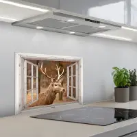KitchenYeah Spatscherm 60x45 cm - Zelfklevende achterwand Hert - Dier - Bos - Herfst - Hertenkop - Bruin - Doorkijk - Keuken muurbeschermer - Spatwand fornuis