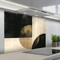 KitchenYeah Spatscherm 100x75 cm - Zelfklevende achterwand Abstract - Geometrische vormen - Zwart - Goud - Keuken muurbeschermer - Spatwand fornuis