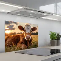 KitchenYeah Spatscherm 70x50 cm - Zelfklevende achterwand Koe - Dier - Weiland - Gras - Dieren - Natuur - Keuken muurbeschermer - Spatwand fornuis