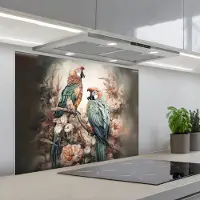 KitchenYeah Spatscherm 90x70 cm - Zelfklevende achterwand Papegaaien - Vogels - Natuur - Bloemen - Keuken muurbeschermer - Spatwand fornuis