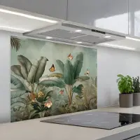 KitchenYeah Spatscherm 90x70 cm - Zelfklevende achterwand Tropisch bladerdek - Vlinders - groen - Bruin - Keuken muurbeschermer - Spatwand fornuis