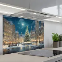 KitchenYeah Spatscherm 90x60 cm - Zelfklevende achterwand Kerstnacht - Stadsplein - Meerkleurig - Keuken muurbeschermer - Spatwand fornuis