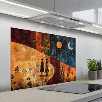 KitchenYeah Spatscherm 100x65 cm - Zelfklevende achterwand Silhouetten - Abstract - Zon - Maan - Keuken muurbeschermer - Spatwand fornuis
