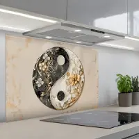 KitchenYeah Spatscherm 90x60 cm - Zelfklevende achterwand Yin Yang - Bloemen - Zwart - Wit - Vintage - Keuken muurbeschermer - Spatwand fornuis
