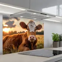 KitchenYeah Spatscherm 80x55 cm - Zelfklevende achterwand Koe - Dier - Weiland - Gras - Dieren - Natuur - Keuken muurbeschermer - Spatwand fornuis