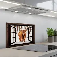 KitchenYeah Spatscherm 60x40 cm - Zelfklevende achterwand Schotse Hooglander - Sneeuw - Natuur - Dieren - Doorkijk - Winter - Keuken muurbeschermer - Spatwand fornuis