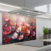 KitchenYeah Spatscherm 80x55 cm - Zelfklevende achterwand Klaprozen - Roze - Bloemen - Botanisch - Kunst - Keuken muurbeschermer - Spatwand fornuis
